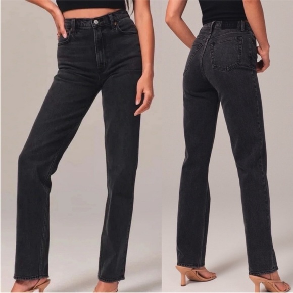 ABERCROMBIE + FITCH Curve Love The 90s Straight Ultra High Rise Black Denim Jean - Picture 1 of 10